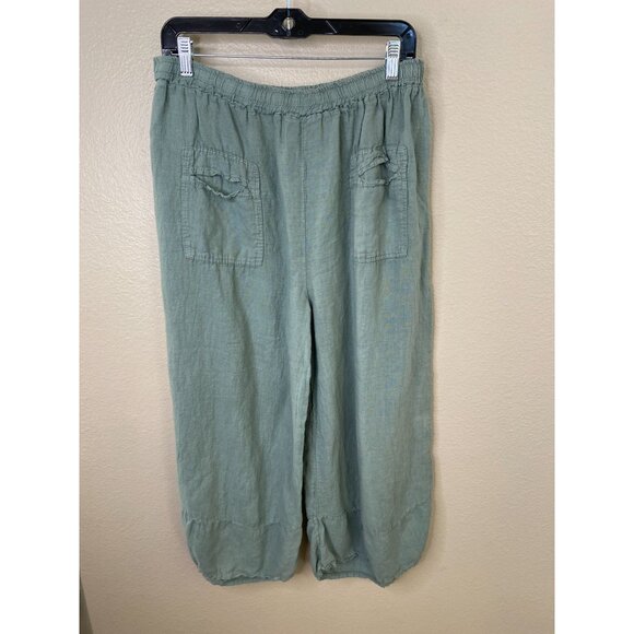 Meo Meli Women’s 100% Linen Pants Relaxed Fit Elastic Waist Green Cropped Pocket - Picture 2 of 7